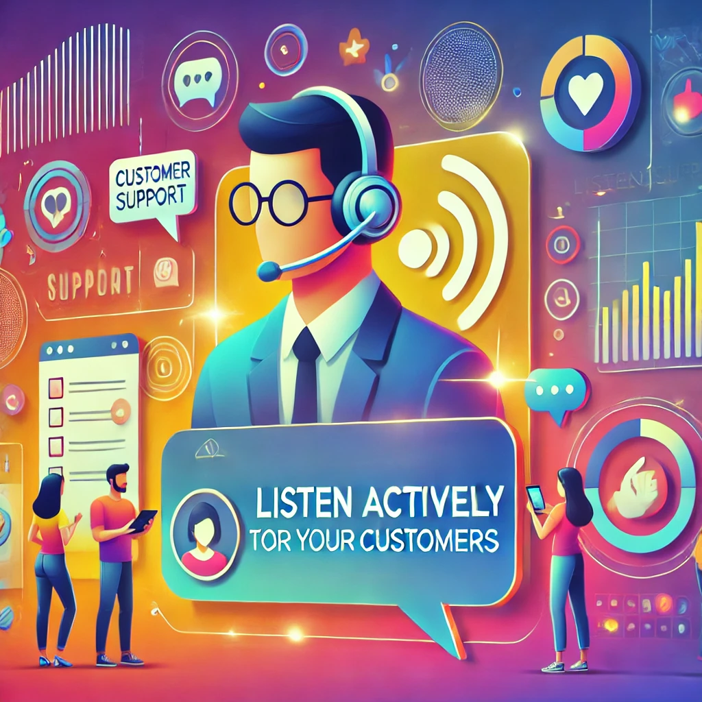 Illustration moderne représentant un agent de support client avec un casque, interagissant avec des clients via des interfaces numériques comme des bulles de discussion et des ondes vocales. L’image intègre des éléments interactifs tels que des graphiques, des formulaires de retour et des emojis, dans un design futuriste aux dégradés de couleurs douces. Elle symbolise l’innovation, la connexion et l’écoute active