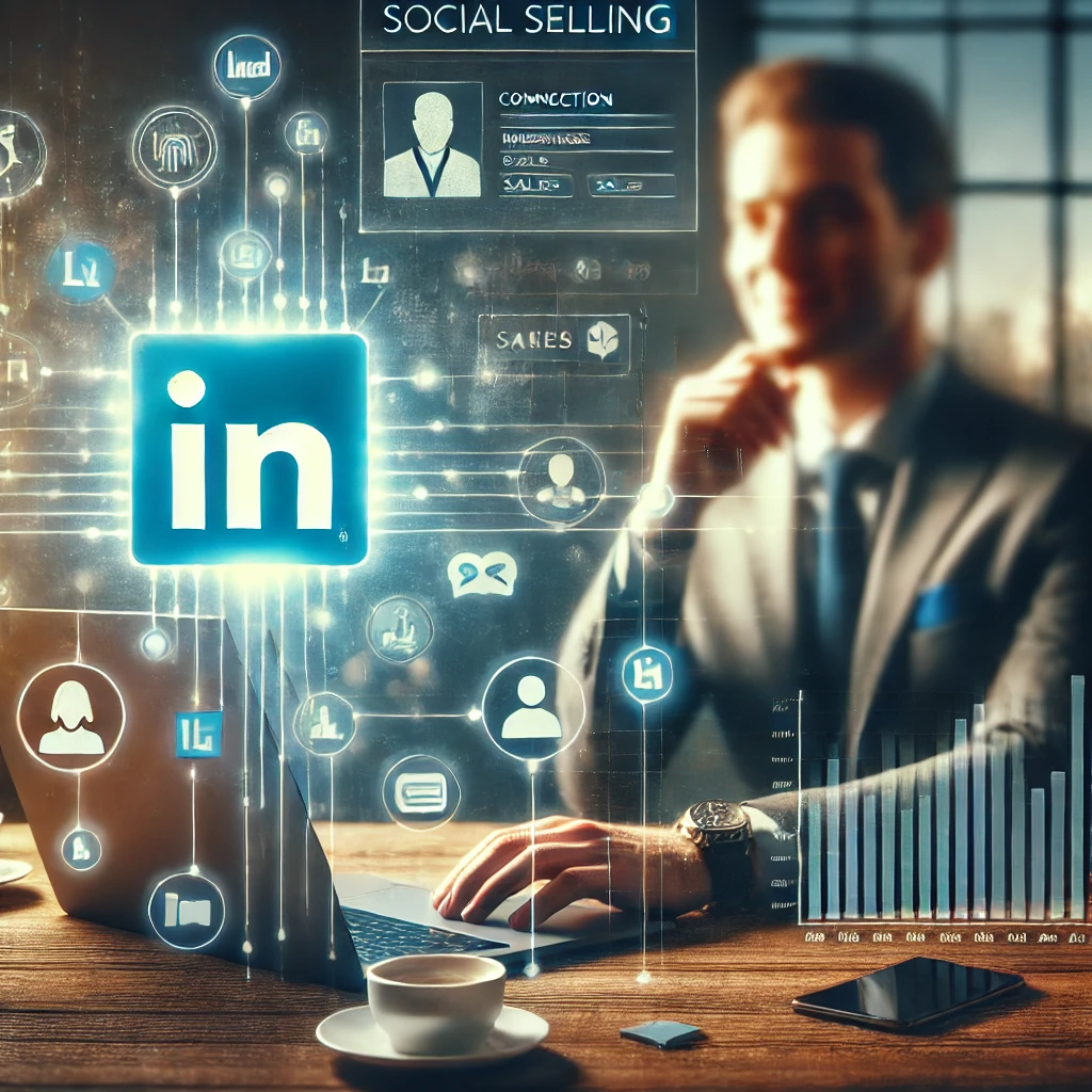 Image d'un professionnel en costume utilisant un ordinateur portable avec le logo LinkedIn en évidence. Autour de l'écran, des icônes de connexions, de messages, et des graphiques de vente illustrent le concept de Social Selling sur LinkedIn. L'image évoque la réussite en réseautage et en acquisition de clients grâce aux outils de LinkedIn, avec une ambiance moderne et numérique. Cette image décrit une formation professionnelle.