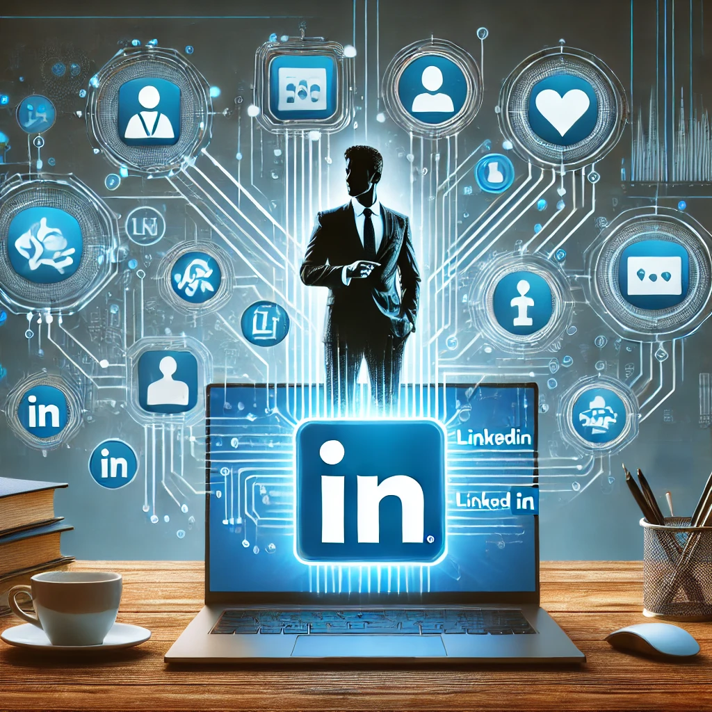 Illustration d'une silhouette d'homme en costume, debout devant un ordinateur portable avec un grand logo LinkedIn lumineux à l'écran. Des icônes symbolisant des concepts de recrutement et de réseaux sociaux (comme des profils, cœurs, et compétences) entourent la silhouette, représentant les connexions numériques et les outils de recrutement. L’image évoque la puissance du réseautage professionnel sur LinkedIn dans un décor futuriste et technologique. Ceci est dans le cadre d'une formation professionnelle.