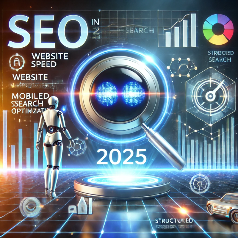 Illustration représentant le SEO en 2025 avec une interface futuriste de moteur de recherche, des indicateurs de classement et une icône de recherche vocale. Une personne interagit avec un assistant numérique, symbolisant l’optimisation par l’IA et la recherche vocale. En arrière-plan, des éléments comme la vitesse du site, l’optimisation mobile et les données structurées illustrent les facteurs clés du SEO 2025