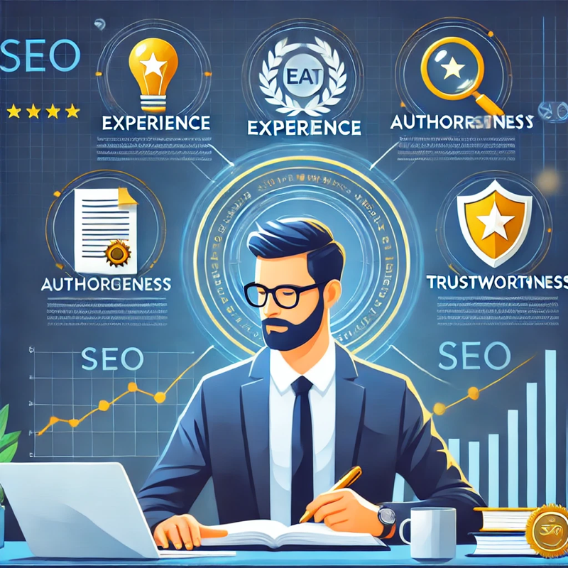 Illustration représentant le concept EEAT en création de contenu SEO 2025, avec un professionnel à son bureau, entouré d’icônes symbolisant l’expertise, l’autorité, la fiabilité et l’expérience, ainsi que des graphiques SEO pour illustrer la crédibilité numérique.