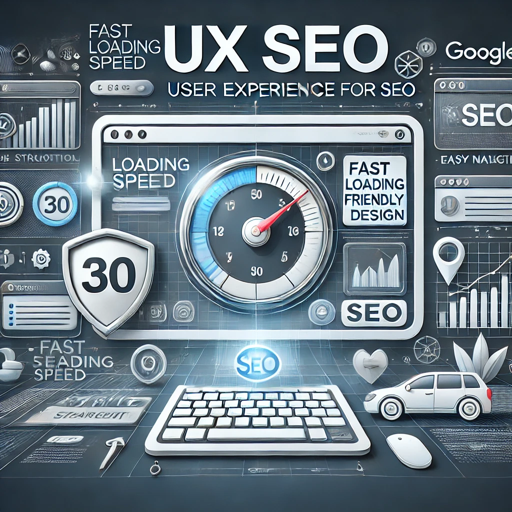 Illustration de l’UX SEO en 2025, montrant un site web optimisé avec une navigation intuitive, un design mobile-friendly et une vitesse de chargement rapide. Autour de l’écran, des icônes illustrent les facteurs clés du SEO 2025, avec des graphiques analytiques et des indicateurs de classement Google en arrière-plan