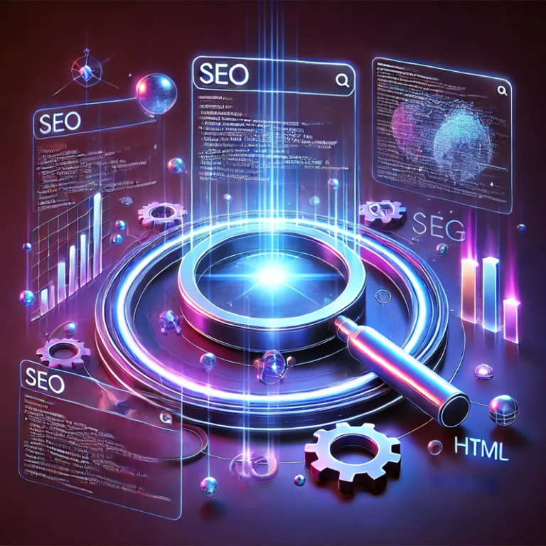 Illustration futuriste et digitale représentant le référencement naturel. Une interface holographique lumineuse affiche des résultats de recherche en lévitation, entourée d’éléments high-tech comme des graphiques 3D, des symboles HTML, une loupe stylisée et des engrenages. L’ensemble baigne dans des tons néon bleus et violets, créant une ambiance technologique avancée.