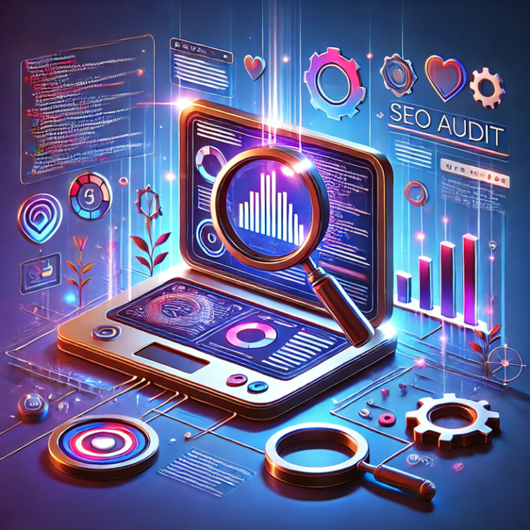 Illustration digitale montrant un audit de référencement naturel : un ordinateur affiche des interfaces holographiques avec graphiques, données analytiques, et icônes techniques. Des éléments flottants comme des engrenages, une loupe et des diagrammes symbolisent l’analyse technique d’un site web. L’ambiance est futuriste, avec des tons lumineux bleus et violets.
