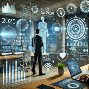 Illustration futuriste du marketing digital en 2025 : un bureau high-tech avec des hologrammes, des chatbots IA et des interfaces en rĂ©alitĂ© augmentĂ©e. Un marketeur analyse des donnĂ©es interactives entourĂ© dâicĂŽnes de rĂ©seaux sociaux.