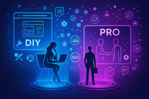 Illustration futuriste comparant la création de site web en mode DIY et l’option professionnelle, avec deux silhouettes face à des interfaces digitales modernes et des icônes SEO.