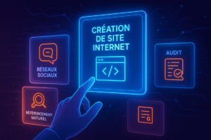 Illustration digitale futuriste montrant une main interagissant avec des panneaux holographiques. Les cartes affichent différents services : création de site internet, réseaux sociaux, référencement naturel et audit, dans un style lumineux et moderne.