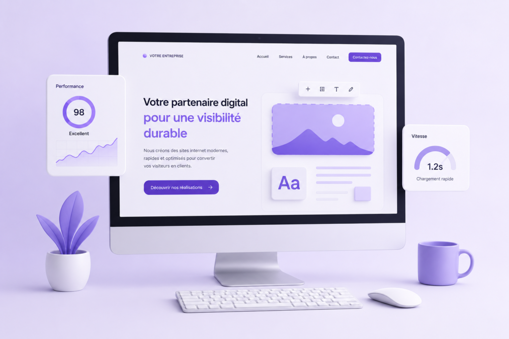 Illustration 3D d'un ordinateur avec un site internet et des icônes SEO et performance