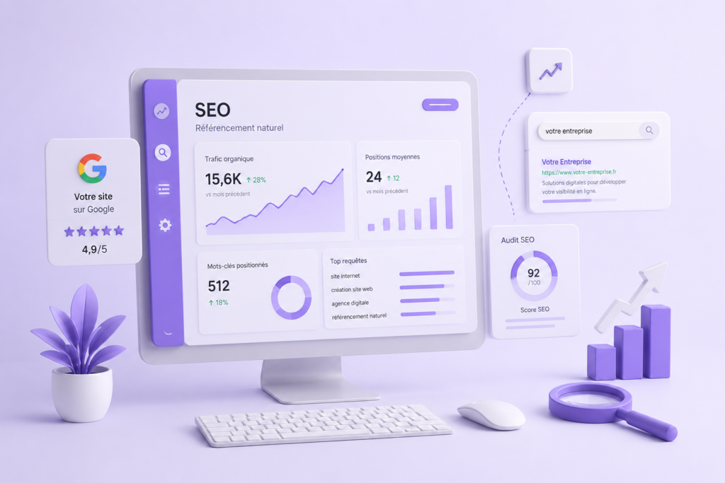Illustration d’un tableau de bord SEO et d’analyse des performances d’un site internet.