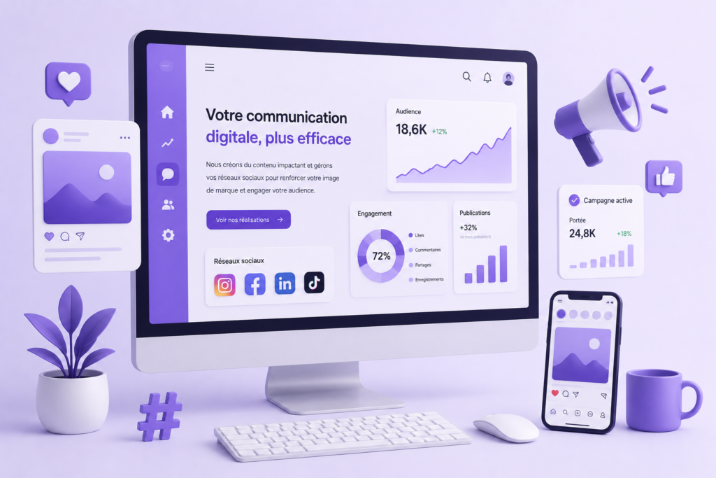 Illustration d’une stratégie de communication digitale avec réseaux sociaux et tableau de bord marketing.