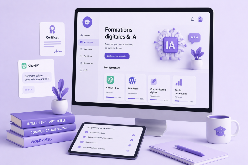 llustration d’une plateforme de formations digitales avec WordPress, intelligence artificielle et modules interactifs.