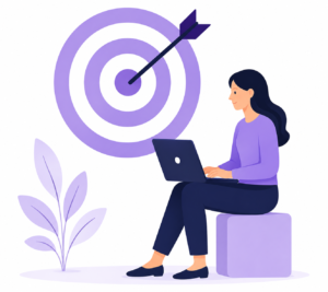 llustration d’une personne travaillant sur un ordinateur portable devant une cible, symbolisant l’accompagnement vers les objectifs numériques.